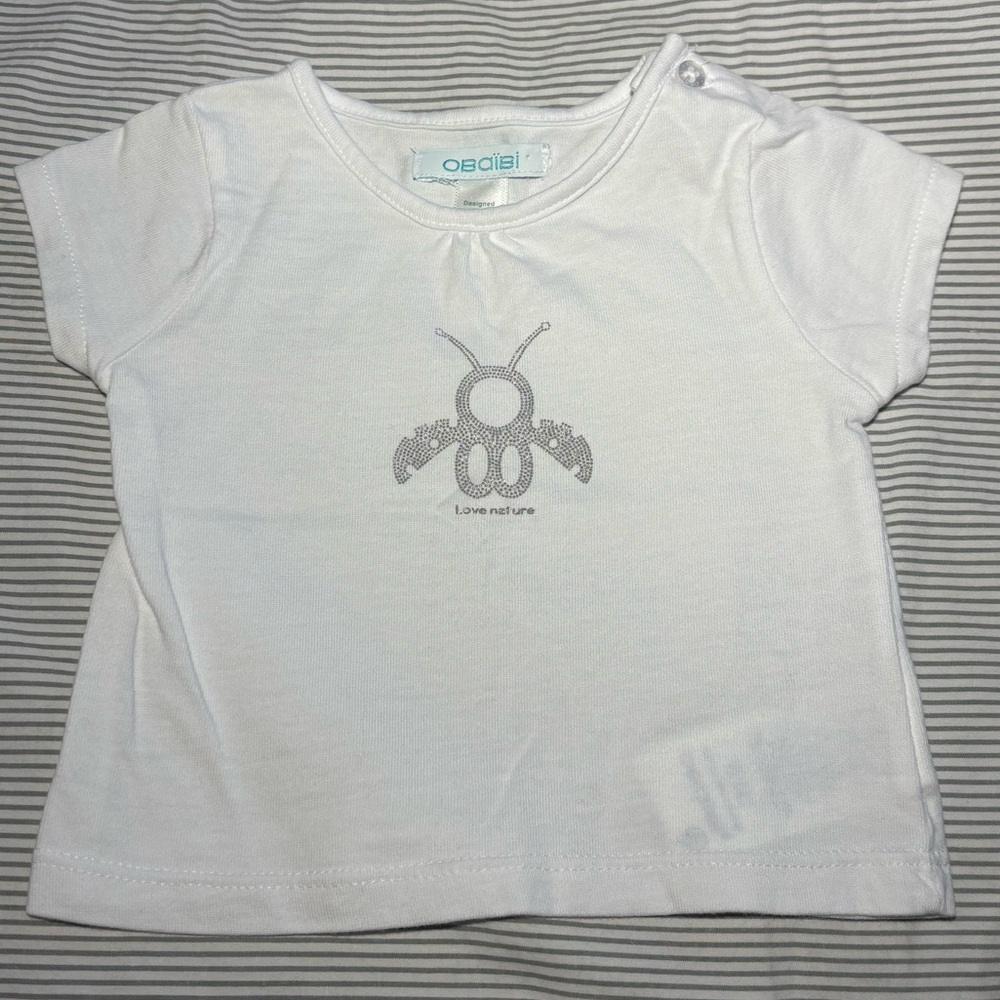 Obaïbi Baby White T-Shirt Silver Glittery LadyBug Print On front Size 3 M